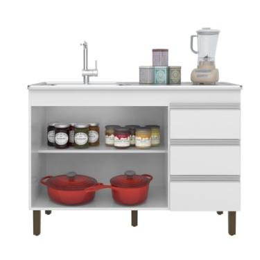 Imagem de Gabinete de Pia Peternella Móveis Karen, 119x86x52cm, 2 Portas, 3 Gavetas, Branco, Sem Tampo (Branco)