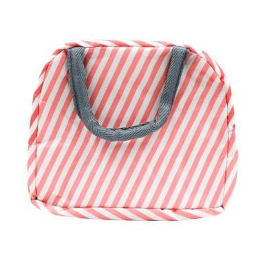 Imagem de Bolsa Térmica para Marmita, 23 x 20 x 11 cm, Listrada Rosa e Branca, com Alça
