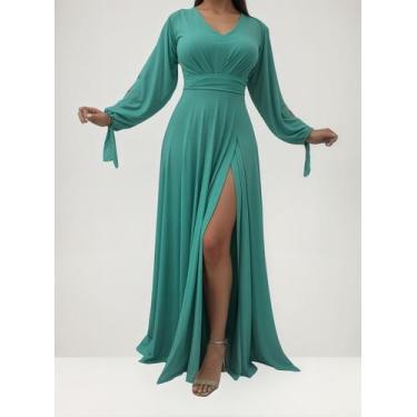 Imagem de Vestido Longo Festa Madrinha Manga Aberta Com Fenda E Decote - Casual 