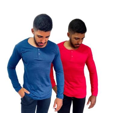 Imagem de Kit 2 Camisa Henley Masculina Slim Manga Longa 100% Algodão Linha Prem