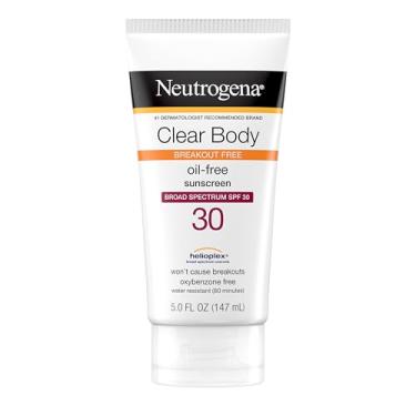 Imagem de Neutrogena Clear Body Breakout-Free Liquid Sunscreen Lotion for AcneProne Skin, Oil Free Sunscreen, Broad Spectrum SPF 30, Oxybenzone Free, Fragrance Free, Non Comedogenic, Unscented, 5 Fl Oz