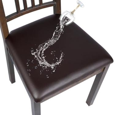 Imagem de SearchI Capas de assento de couro PU à prova d'água para cadeiras de jantar, pacote com 6 capas de assento elásticas para sala de jantar, protetores de assento de cadeira de cozinha (marrom escuro)