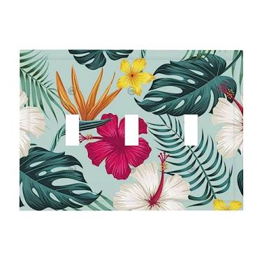 Imagem de Hojas tropicales y flores impresso triplo interruptor placa de parede tampa de placa de interruptor 3 gangs capa de interruptor de luz tampas de tomada parafusos incluídos - 16 cm x 12 cm