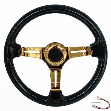 Imagem de YEHICY Volante Esportivo de Corrida com Punho Preto de 350 Mm, Raios Dourados, Volante Universal de Madeira Abs com Botão de Buzina