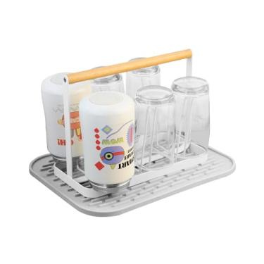 Imagem de Mukkuri Suporte para escorredor de copos, suporte de escorredor de metal com 6 xícaras, organizador de canecas antiderrapantes com alça de madeira, branco