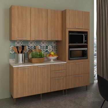 Imagem de Cozinha Compacta 3 Peças Com Armário Paneleiro E Balcão Com Tampo Multimóveis Cr20450 Freijó/mármore Branco