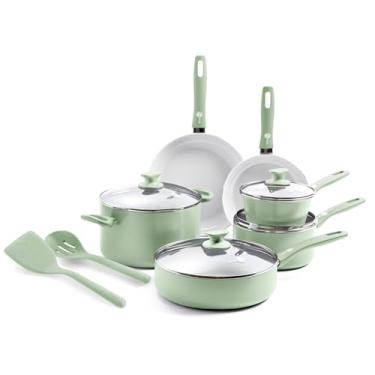 Imagem de GreenPan Dover Healthy Ceramic Antiaderente, conjunto de 12 panelas e frigideiras, livre de PFAS, lavável na lava-louças, cabo confortável, verde pastel