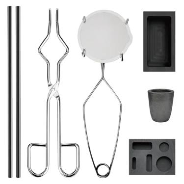 Imagem de Nelyrho Kit de fundição de metal 8 em 1 – cadinho de grafite, moldes de lingote de grafite, 2 hastes de agitação, copo e pinças de quartzo – Conjunto completo para derreter ouro, prata, alumínio