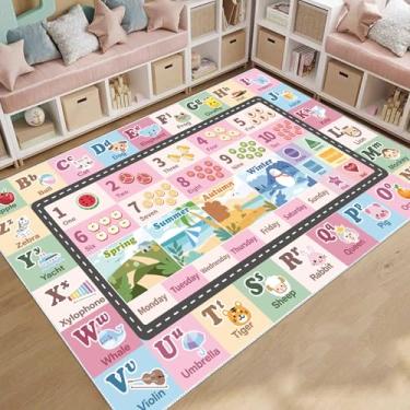 Imagem de Tapete ABC infantil para sala de jogos, sala de aula, tapete de área do alfabeto, tapete lavável para quarto de bebê, sala de jogos, quarto, chão, berçário (rosa, 1,8 x 2,5 m)