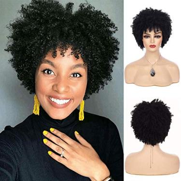 Imagem de Sallcks Peruca curta preta Kinky Afro para mulheres negras natural encaracolado sintético cosplay fantasia perucas com touca de peruca