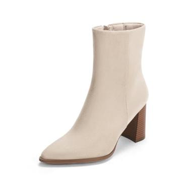 Imagem de Coutgo Bota feminina de cano curto, bico fino, salto empilhado, com zíper lateral, vestido de outono, Bege, 35