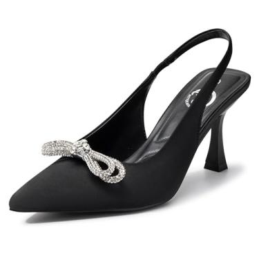 Imagem de Trary Saltos Pretos Para Mulheres, Scarpins Femininos, Sapatos Sociais Salto Baixo Elegante Feminino Com Laço De Cristal Brilhante, Fechados Estilo Gatinho, Alto