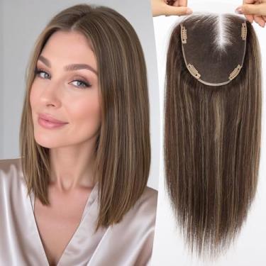 Imagem de Topart Topper de cabelo totalmente amarrado à mão para mulheres Remy cabelo humano lace front topper 35,5 cm x 15,5 cm capa de peruca parcial cabelo fino ou perda sem franja partes de cabelo (marrom