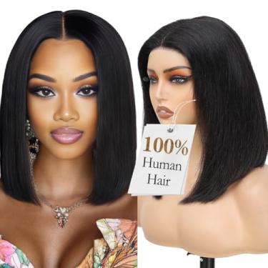 Imagem de Peruca Bob sem cola, densidade 250 x 5, 100% cabelo humano, (vida útil de 2 anos, 165 g), cabelo humano liso de 25 x 12 cm HD com fecho de renda, sem cola, cabelo humano pré-arrancado, pré-cortado