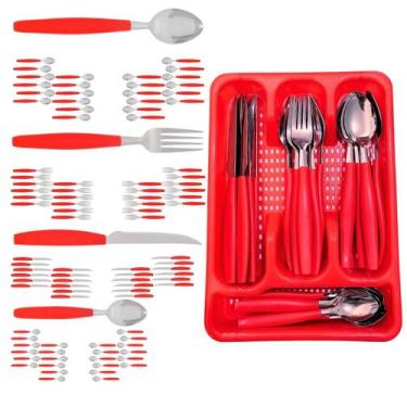 Imagem de Berlim Faqueiro 96 Pçs Vermelho Aço Inox C/ 4 Porta Talheres - EM CASA