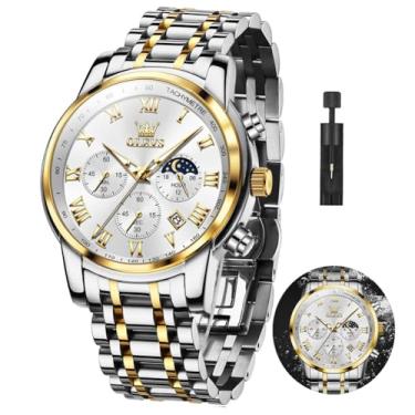 Imagem de OLEVS Relógios masculinos clássicos, à prova d'água, de aço inoxidável, fácil de ler, casual, grande, relógios de pulso analógicos, masculinos, luxuosos, G5529-G-J-branco, TASUO-S-G5529G-JB