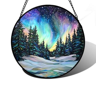 Imagem de DASTOLL Pendurado em vitral, paisagem aurora, apanhadores de sol, painel de vidro, árvores verdes, decoração de aniversário para mulheres, homens, esposa, tia e mãe, 30 x 30 cm