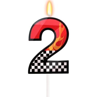 Imagem de FAMGift Vela de aniversário de carro para bolo – Duas velas temáticas rápidas número 2 aniversário menino, rodas de carro de corrida decorações de festa