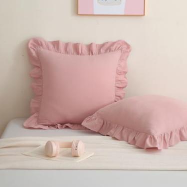 Imagem de Silnuo Pacote com 2 capas de travesseiro rosa empoeirado com babados lavados de algodão lavado, fronhas decorativas para cama 50,8 x 50,8 cm