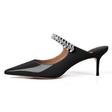 Imagem de XINIUNIU Mules de salto feminino com tiras de cristal, bico fino, sandália sem cadarço para mulheres com strass, 6,5 cm, preto, 8