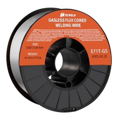Imagem de TECWELD Fio de solda de núcleo de fluxo de 0,8 cm - E71T-GS sem gás, baixo respingo, fio MIG de aço suave - serve na maioria dos soldadores MIG - carretel de 4,5 kg