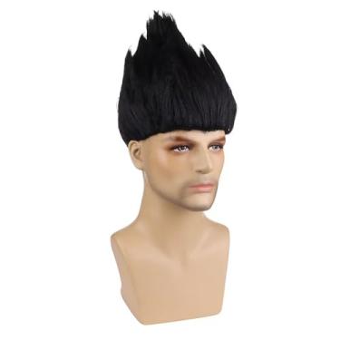 Imagem de Edivd Peruca masculina preta curta preta reta para festa de Halloween, cosplay, perucas sintéticas resistentes ao calor com boné