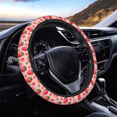 Imagem de Capa de volante rosa vermelha fruta morango para mulheres e homens, protetor de volante antiderrapante capas de roda de carro, universal de 38 cm, adequado para automóveis, SUVs, caminhões