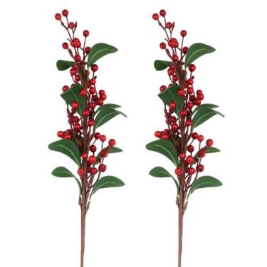 Imagem de Galho Berry Vermelho Folha Enfeite Árvore de Natal 70CM 2UN - Magizi
