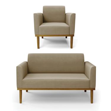 Imagem de Sofá Namoradeira com Poltrona Base de Madeira Fixa Castanho Marisa Suede Marrom Rato D03 - D'Rossi