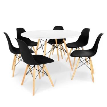 Imagem de Conjunto de Mesa de Jantar Eames Eiffel Redonda 110cm Tampo de Madeira Branco com 6 Cadeiras Pretas