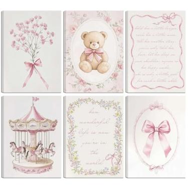 Imagem de PPJ 6 peças de arte de parede rosa vintage bebê menina berçário bonito carrossel de pelúcia tela decoração de parede pinturas arcos rosa cartazes florais imagens para quarto de menina decoração de