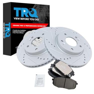 Imagem de TRQ Kit de pastilhas de freio e rotor premium G-Coated Slotted X Drilled Performance Ceramic Compatível com Hyundai Kona 2018-2020 2019 Kia Forte