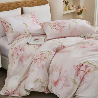 Imagem de Cozaline Capa de edredom 100% algodão king size – elegante conjunto de capa de edredom floral rosa lírio blush com fecho de zíper, conjunto de cama de algodão natural macio respirável de 3 peças para
