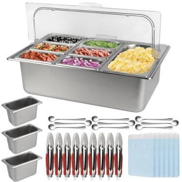 Imagem de Kalolary Estação de armazenamento com cobertura de pizza, recipientes de condimentos de aço inoxidável com tampas dobráveis, colheres de caixa de gelo, pinças de alimentos, recipiente para servir