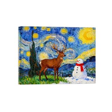 Imagem de Pinturas em tela Natal-Quadros Decoração de Parede-Boneco neve estrelado veado-Inverno Paisagens Impressões para Sala de Estar 60x80cm Tela Embrulhada