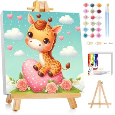 Imagem de bleihum Kit de pintura animal por números para crianças com moldura e cavalete de madeira, pintura fofa por número para crianças de 4 a 8 a 12 anos, pintura a óleo de girafa por número para decoração