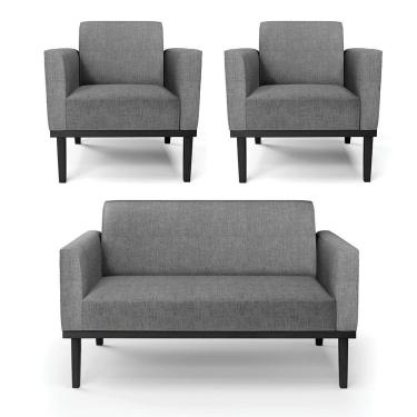 Imagem de Sofá Namoradeira Com 2 Poltronas Base De Madeira Fixa Preto Marisa Linho Grafite A26 D03 - D'Rossi