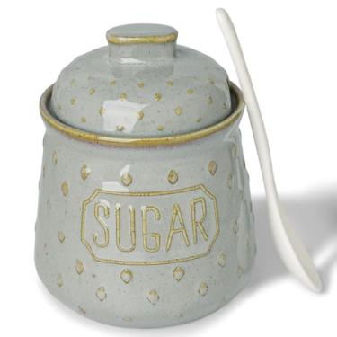 Imagem de QUXIJA Açucareiro com tampa e colher, recipiente de açúcar de cerâmica de 293 ml para acessórios de cozinha, recipientes de armazenamento de açúcar, decoração de fazenda (cinza vintage)