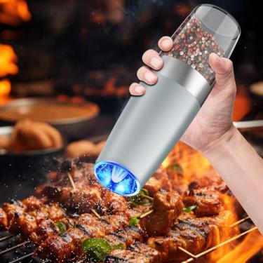 Imagem de Moedor elétrico de pimenta ou sal, moedor de moedor automático com espessura ajustável, luz LED de saleiro automático, alimentado por bateria, aço inoxidável, operado com uma mão, cinza claro