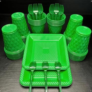 Imagem de Conjunto de luxo descartável para festas de aniversário com 260 peças Pratos quadrados de plástico colorido com efeito perolado Cores doces (Verde Escuro)