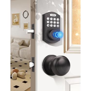 Imagem de Tinewa Fechaduras inteligentes para porta da frente - Fechadura de porta de entrada sem chave bronze polido a óleo com maçanetas de porta esféricas planas, fechadura de teclado digital eletrônico com