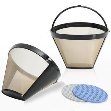 Imagem de Pacote com 2 filtros de café metálicos dourados para Cuisinart e Ninja + 4 porta-copos de silicone ecológico, reutilizáveis, 10 a 12 xícaras, estilo nº 4, filtros de café de substituição