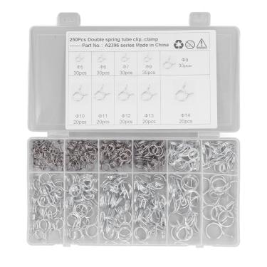 Imagem de 250 peças de clipes de mola de tubo de mangueira conjunto de braçadeira de mangueira de irrigação de fio duplo 10 tamanhos 5 mm-14 mm para mangueiras de silicone de ar e água