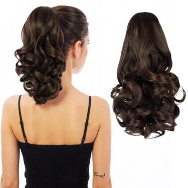 Imagem de HEWEICSY Extensão de rabo de cavalo, rabo de cavalo com clipe para mulheres, clipe de garra de 30 cm em extensão de cabelo de pônei ondulado curto encaracolado para mulheres - marrom claro