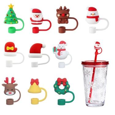 Imagem de 10 capas de palha de Natal, boneco de neve, reutilizável, tampa fofa de Papai Noel, guirlanda de rena, enfeite de canudo de silicone para decoração de festa de Natal 10 mm
