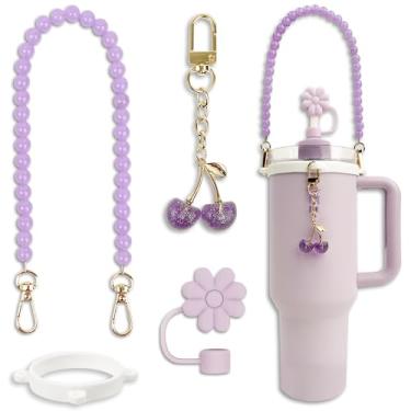 Imagem de BydGxy Conjunto de acessórios Stanley Cup para Stanley 850.5 g 1,134.0 g 567.0 g mini Tumbler, inclui tampa de palha, alça de garrafa de água e pingente de cereja, compatível com copo Stanley rosa e