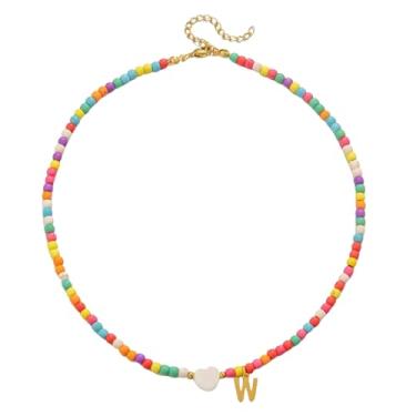 Imagem de Gargantilha feminina com contas de ouro 18 quilates - pingente de letra colorida de aço inoxidável impermeável - joia com pingente de alfabeto personalizado - Presente personalizado delicado para