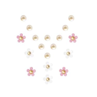 Imagem de Tangseajiao 18 pingentes de flores, 4 rosa, 4 brancos, 10 pérolas, margaridas brilhantes com fofo, decoração de sapatos, acessórios de luxo para lembrancinhas