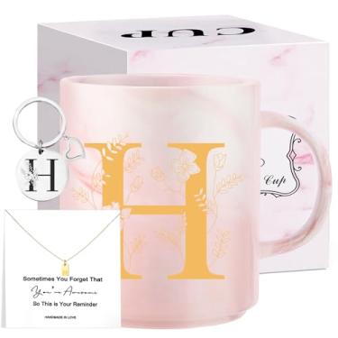 Imagem de Presentes de Natal com monograma para mulheres, caneca de chá de cerâmica inicial de 325 ml com colar, presente de aniversário exclusivo para sua esposa, professora, amiga, mãe, H