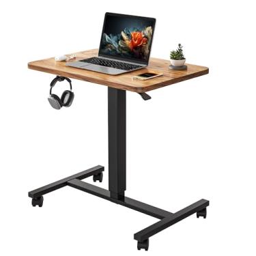 Imagem de YIHAYO Mesa móvel pequena de pé, 61 x 40 cm de altura ajustável, mesa portátil para laptop com rodas traváveis, estação de trabalho de computador para escritório em casa com gancho, marrom rústico